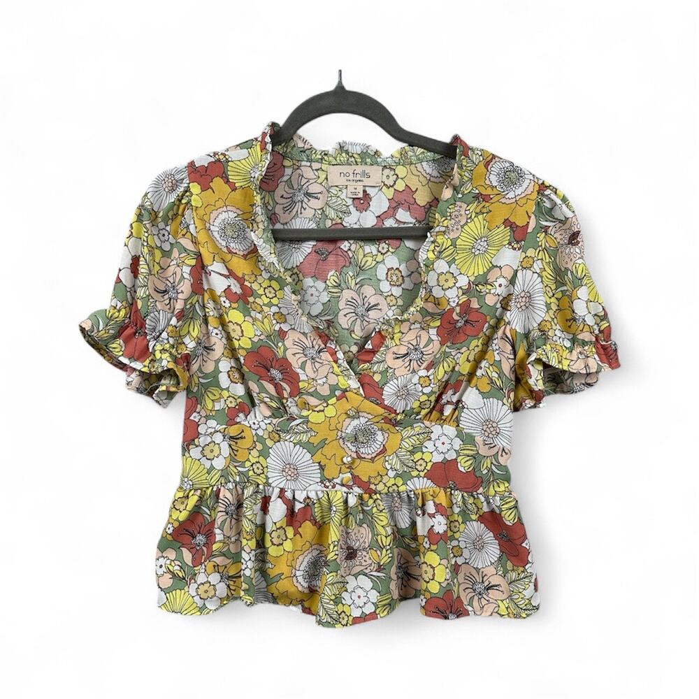 No Frills Los Angeles Floral Babydoll Top Size M Retro Colorful Hippie Peplum